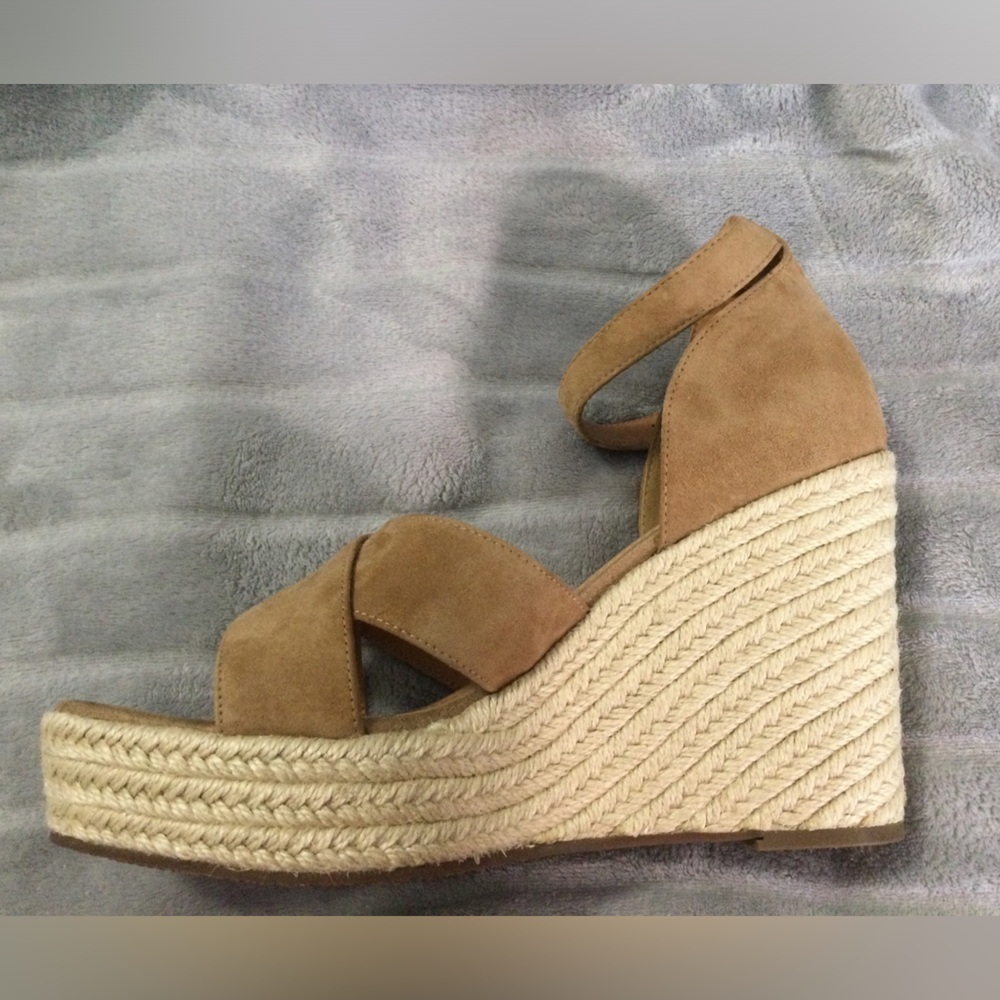 Lisa Vicky Gemi Cognac Kid Suede Platform Espadrille Wedges Size 9M - Picture 9 of 12